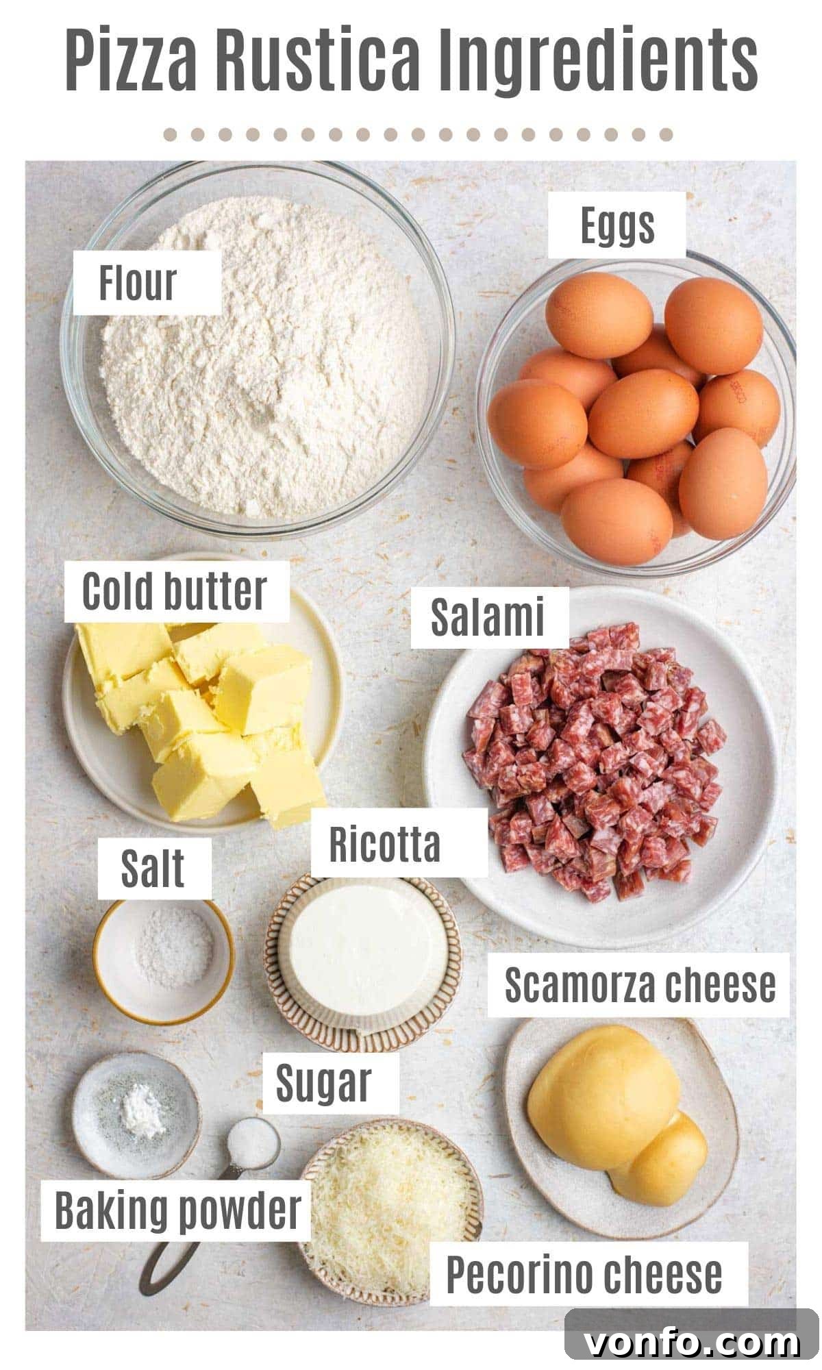 An overhead shot showcasing all the fresh, high-quality ingredients needed to prepare the most delicious Pizza Rustica filling and flaky crust.