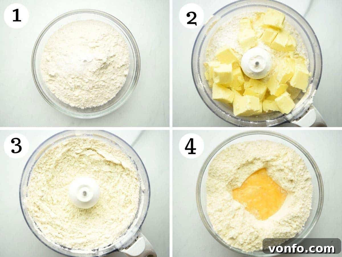 Step-by-step photos illustrating how to prepare the perfect pie pastry dough using a food processor for a flaky crust, showing dry ingredients mixed with cold butter into fine crumbs.