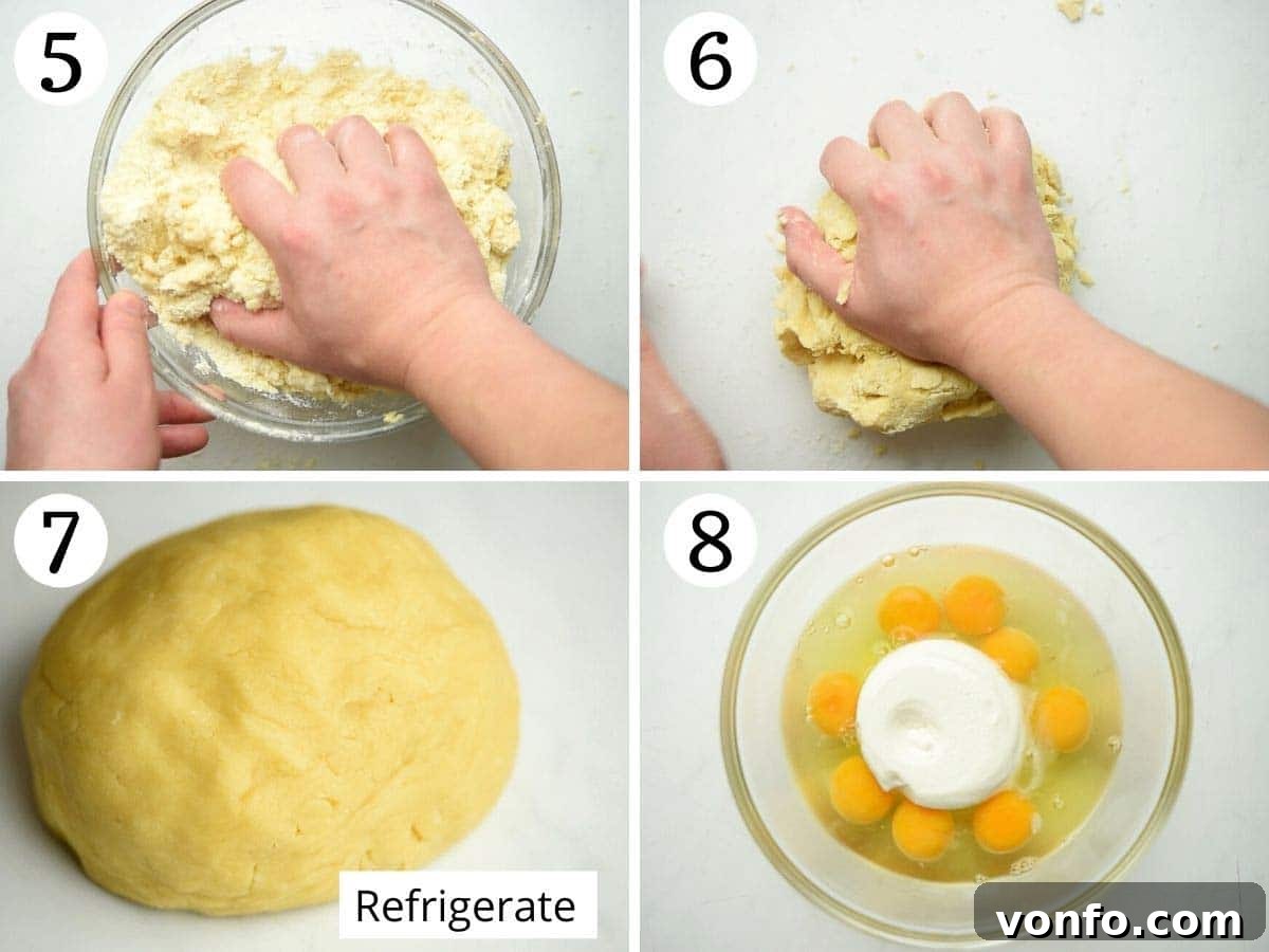 Detailed step-by-step images demonstrating the gentle kneading process for pastry dough, showing how the mixture comes together into a smooth ball after adding eggs.
