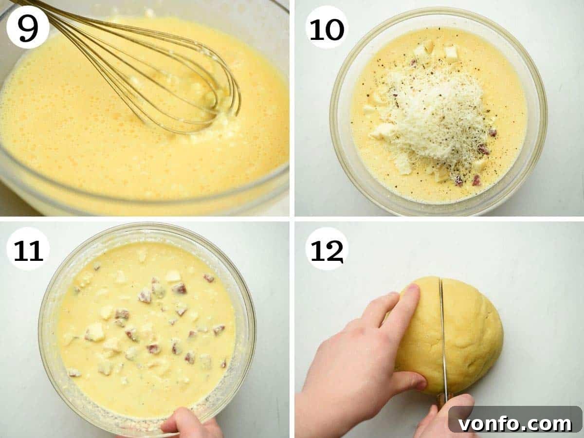 Step-by-step photos showing the process of mixing the creamy ricotta and egg base with cubed salami, smoked scamorza, and grated Pecorino cheese for the flavorful Pizza Rustica filling.