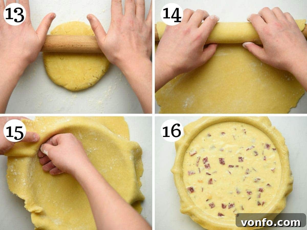 Step-by-step photos demonstrating how to carefully roll out the pastry dough to line a pie pan, ensuring even thickness and proper fit.