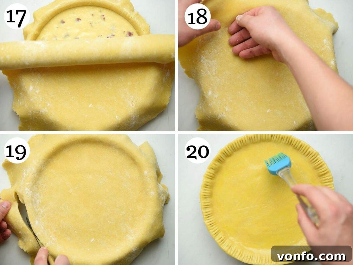 Step-by-step photos illustrating the final assembly of the Italian Easter pie, showing how to fill and securely seal the crust with a fork before baking.