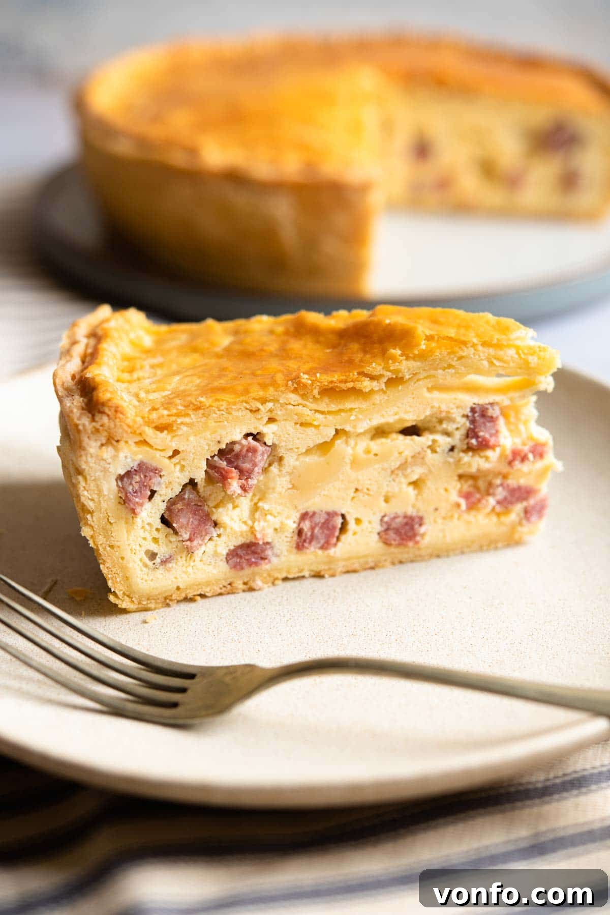 A delicious close-up shot of a thick slice of Pizza Rustica, revealing its rich filling and flaky crust, perfectly cut and ready to be served.