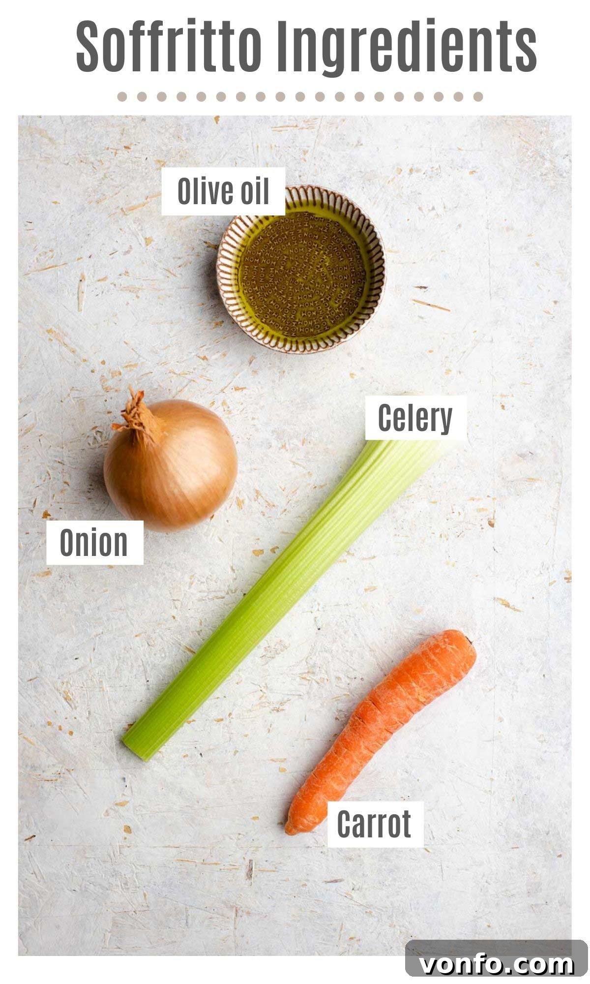 The Art of Soffritto 3 An overhead shot showing all of the fresh ingredients you need to make Italian soffritto: whole carrots, celery stalks, an onion, and a bottle of olive oil.