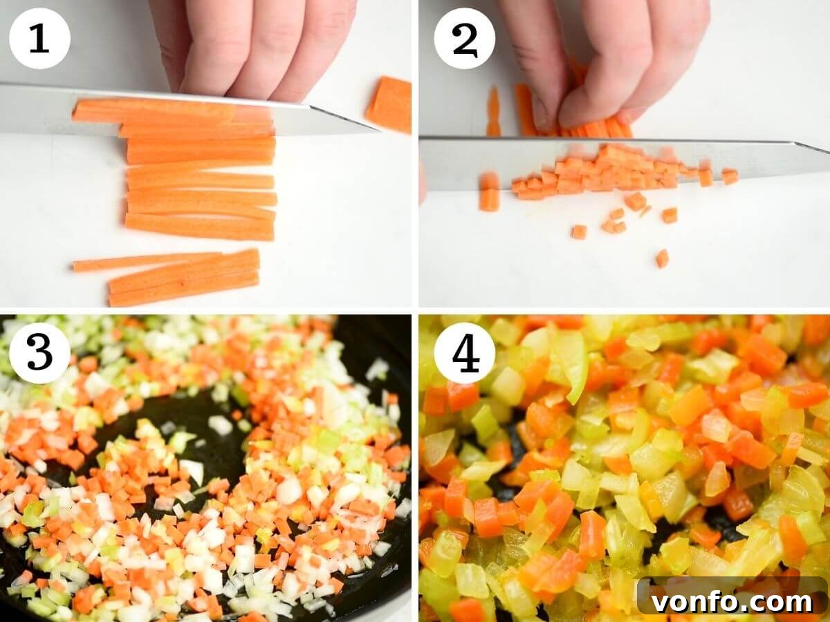 The Art of Soffritto 4 Step-by-step photos illustrating the fine chopping of carrots, celery, and onion for Italian soffritto, showing uniformity.