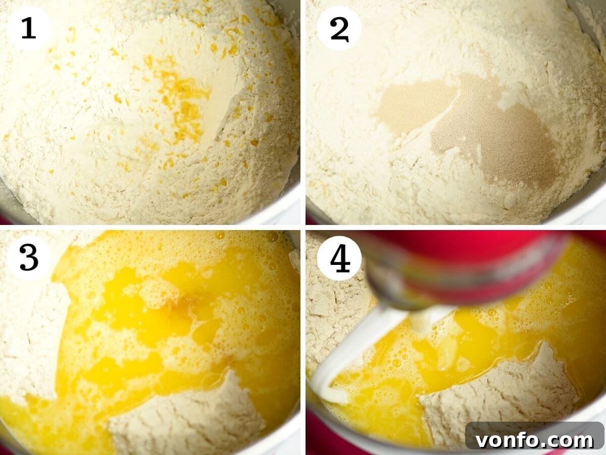 Step-by-step photos illustrating the initial mixing phase of Italian Easter bread dough, showing dry and wet ingredients being combined in a stand mixer.