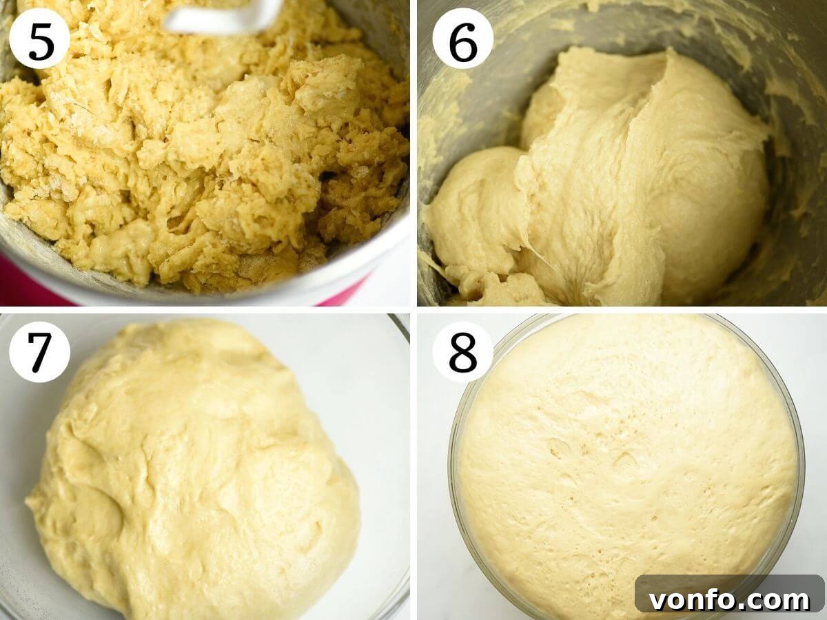 Step-by-step photos demonstrating the kneading process for Italian Easter bread dough in a stand mixer, showing the transformation into a smooth, elastic consistency.