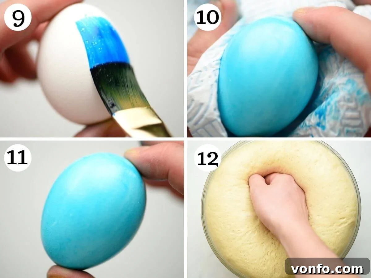 Step-by-step photos detailing the process of painting raw eggs with gel food coloring, ready to be incorporated into the Italian Easter bread.