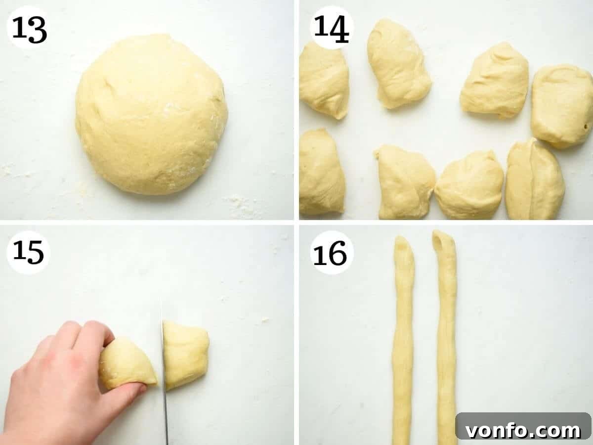 Step-by-step photos demonstrating how to divide Italian Easter bread dough into equal portions for braiding, preparing it for shaping into nests.