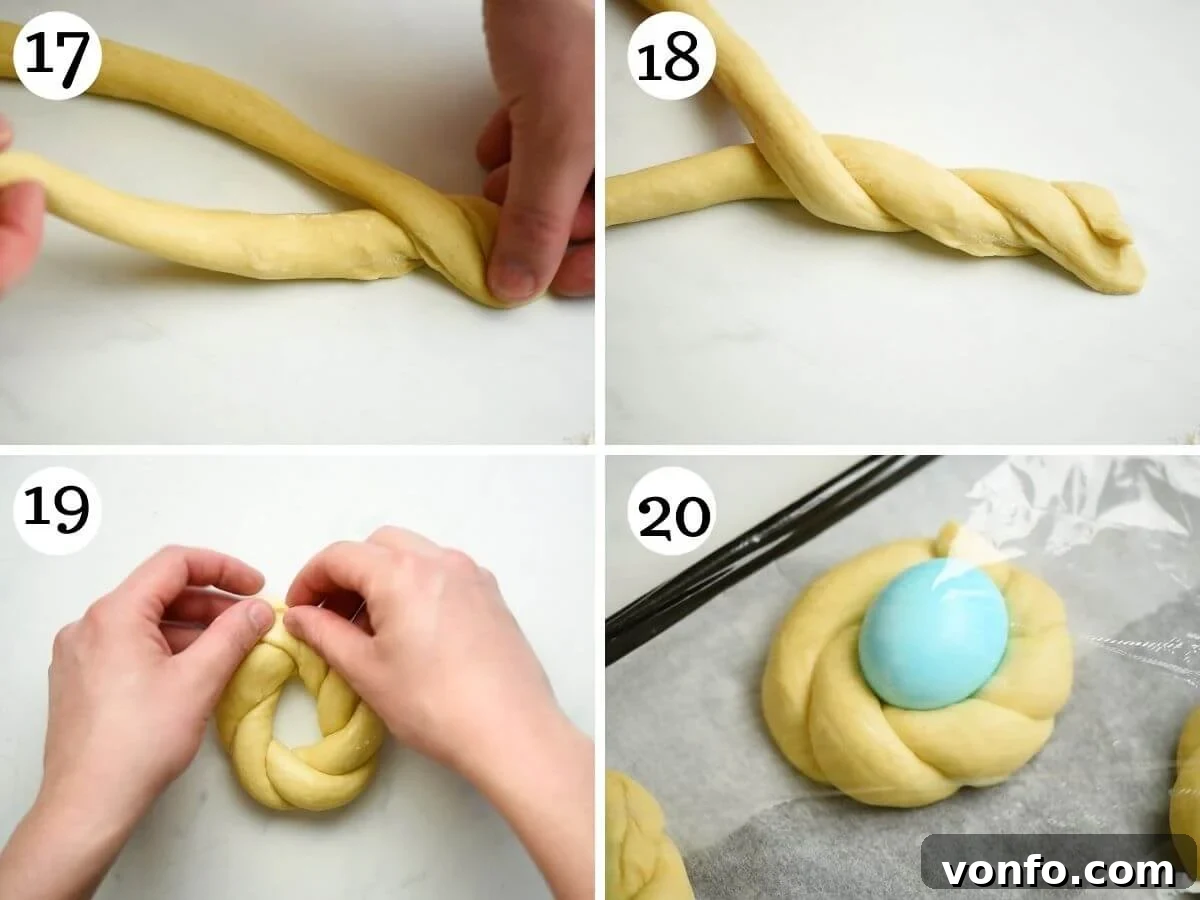 Step-by-step photos showing the shaping of Italian Easter bread into individual nests, with a colored egg placed securely in the middle of each braided wreath.