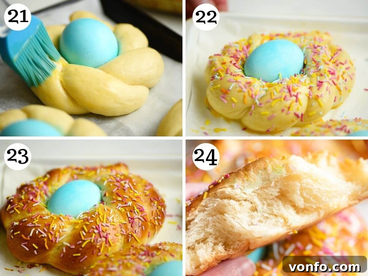 Step-by-step photos showcasing Italian Easter bread before and after baking, highlighting the transformation to a golden-brown, inviting treat.
