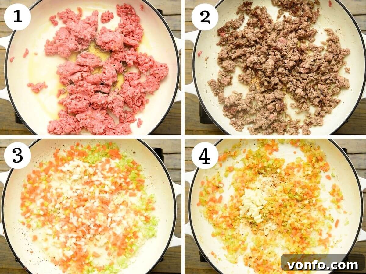 Slow-Simmered Italian Lamb Ragu 4 Two step-by-step photos: one showing lamb browning in a Dutch oven, and another showing finely chopped vegetables sautéing gently in the same pan.