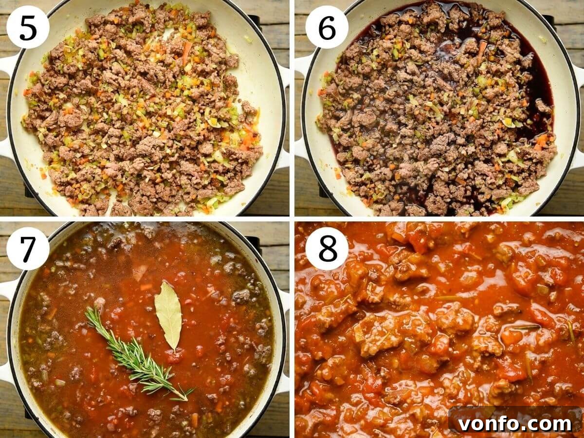 Slow-Simmered Italian Lamb Ragu 5 Two step-by-step photos illustrating the ragu preparation: one showing red wine reducing with lamb and vegetables, and another showing stock, tomatoes, and herbs added to the pot.