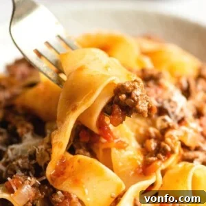 A close up of lamb ragu and pappardelle pasta on a fork