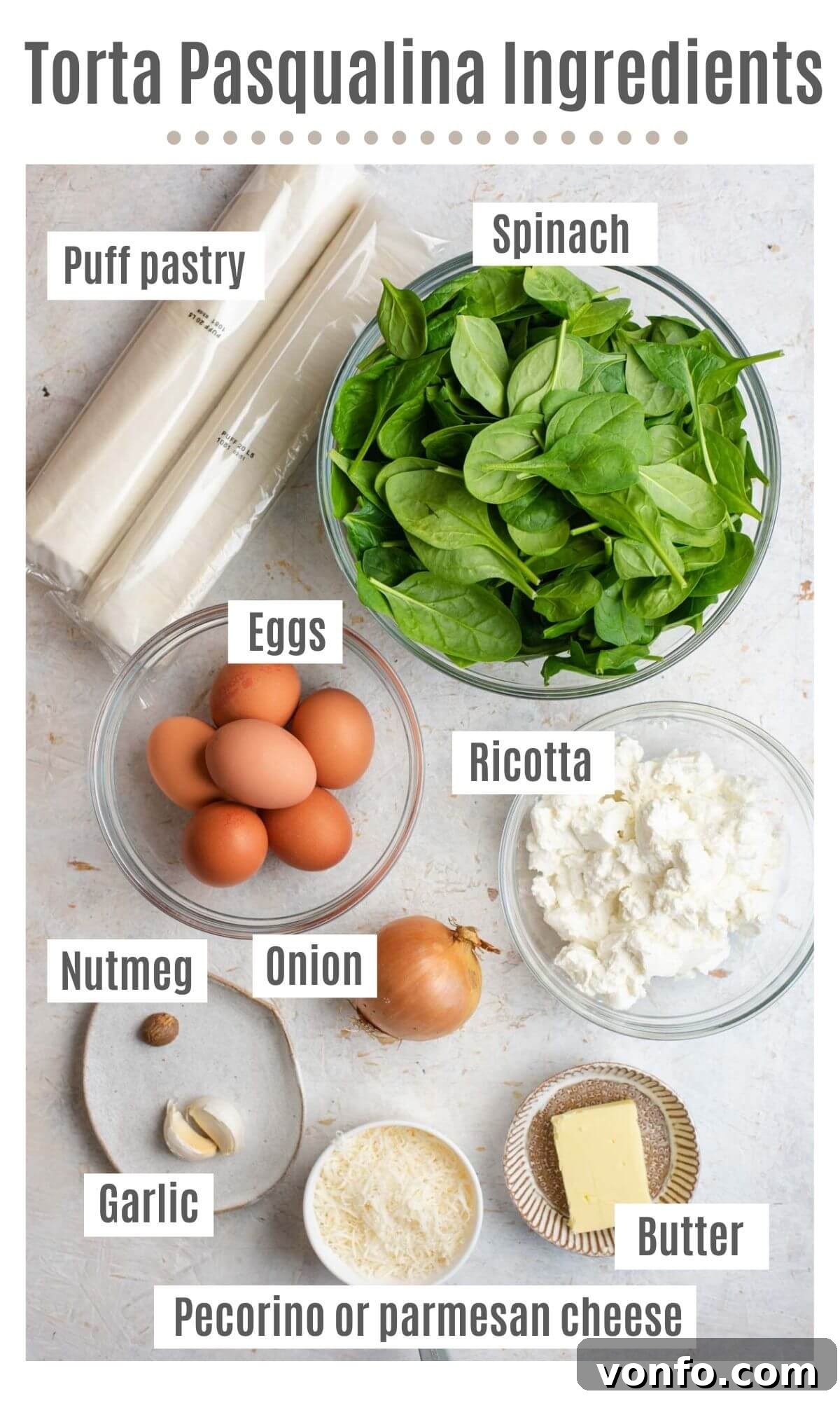 An overhead shot of all the fresh ingredients needed to make Torta Pasqualina