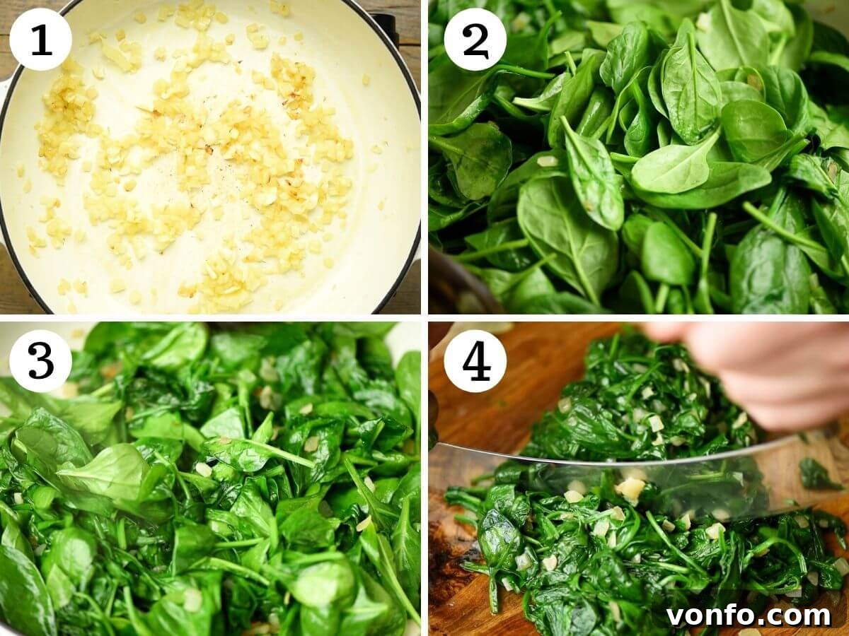 Step by step photos showing how to saute spinach, onion and garlic for the filling