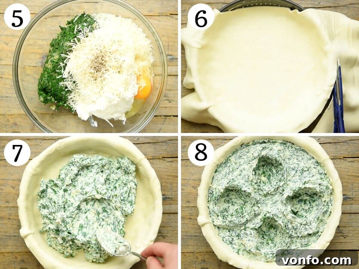Step by step photos showing how to mix the spinach and ricotta filling and prepare the pastry