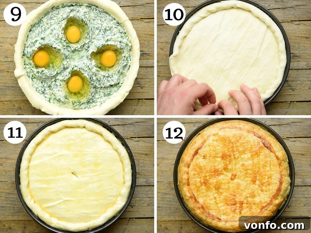 Step by step photos showing how to add the top pastry, seal the pie, and prepare for baking