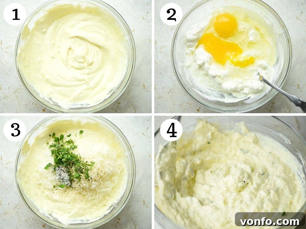 A series of four sequential photos demonstrating the preparation of baked ricotta. The first shows draining ricotta, the second mixing ricotta with eggs, the third adding Parmesan and herbs, and the fourth showing the mixture before baking.