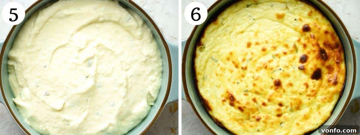 Two side-by-side photos illustrate the transformation of baked ricotta. The first image displays the raw ricotta mixture in a baking dish, while the second shows it puffed up and golden brown after baking.