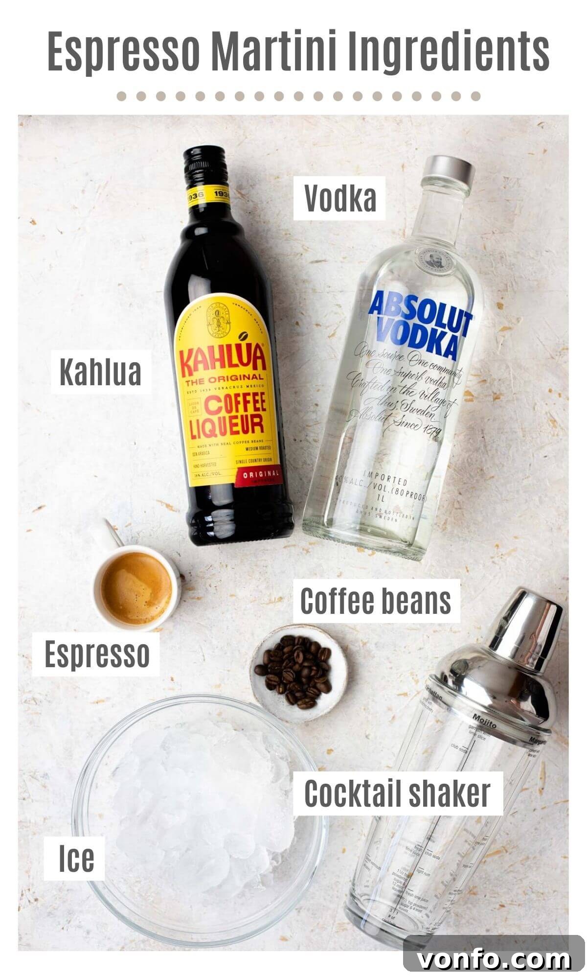 Coffee Cocktail Kick 3 An overhead shot showcasing all the essential ingredients meticulously arranged for making a classic Espresso Martini, including vodka, Kahlua, espresso, and coffee beans.