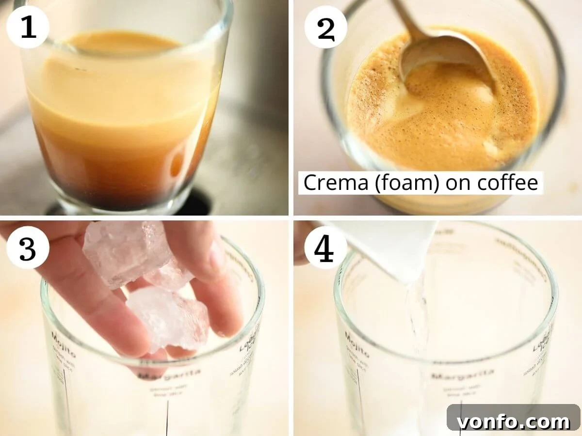Coffee Cocktail Kick 4 Step-by-step photos illustrating the process of brewing a perfect espresso shot with a rich, creamy foam, essential for an exceptional Espresso Martini.
