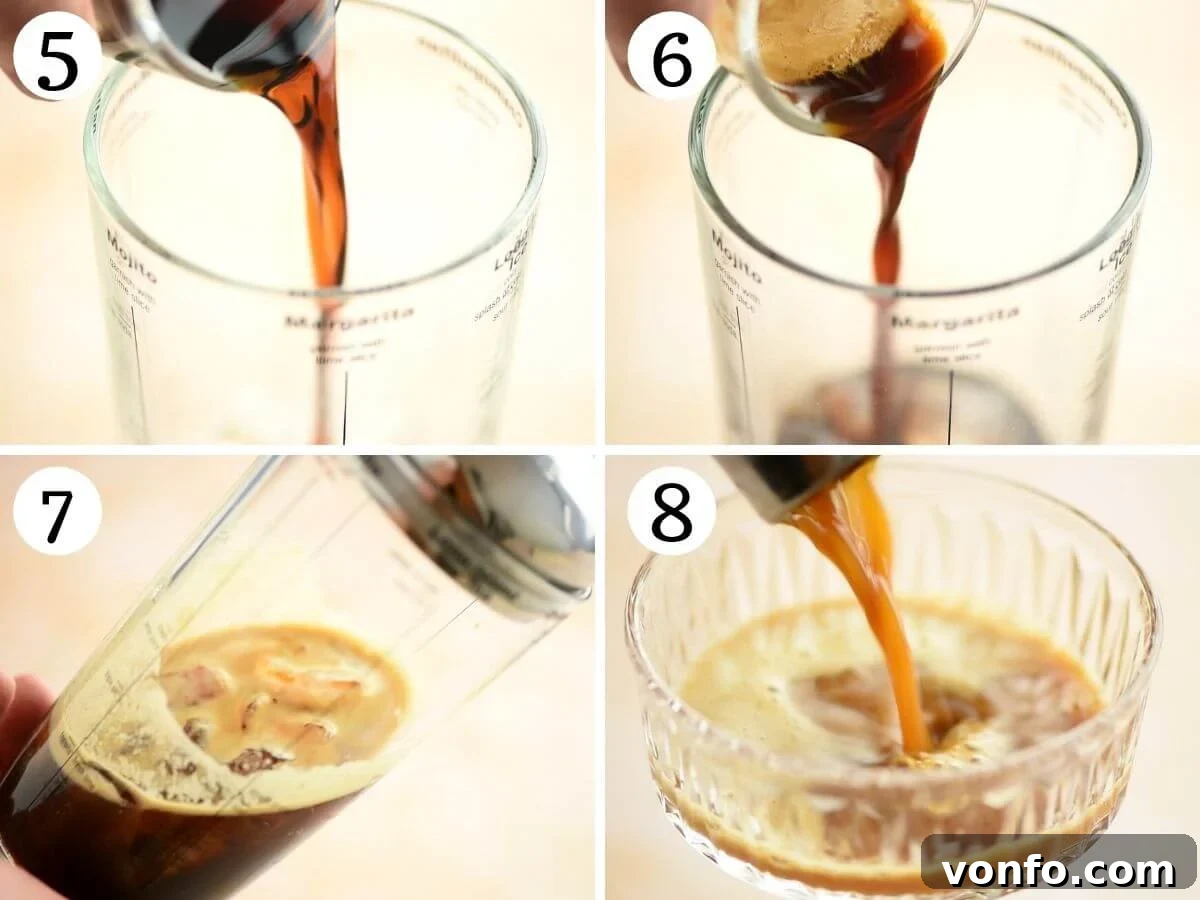 Coffee Cocktail Kick 5 Step-by-step photos demonstrating the complete process of mixing and pouring an Espresso Martini, from combining ingredients in a shaker to serving it in a cocktail glass.