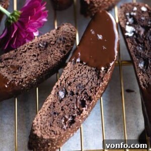 A close up of chocolate biscotti, ready for dipping or serving.