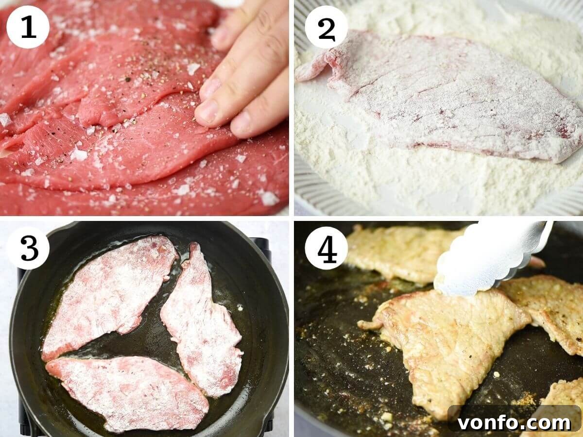Step by step photos showing how to dredge veal in flour and then brown it in a hot skillet.