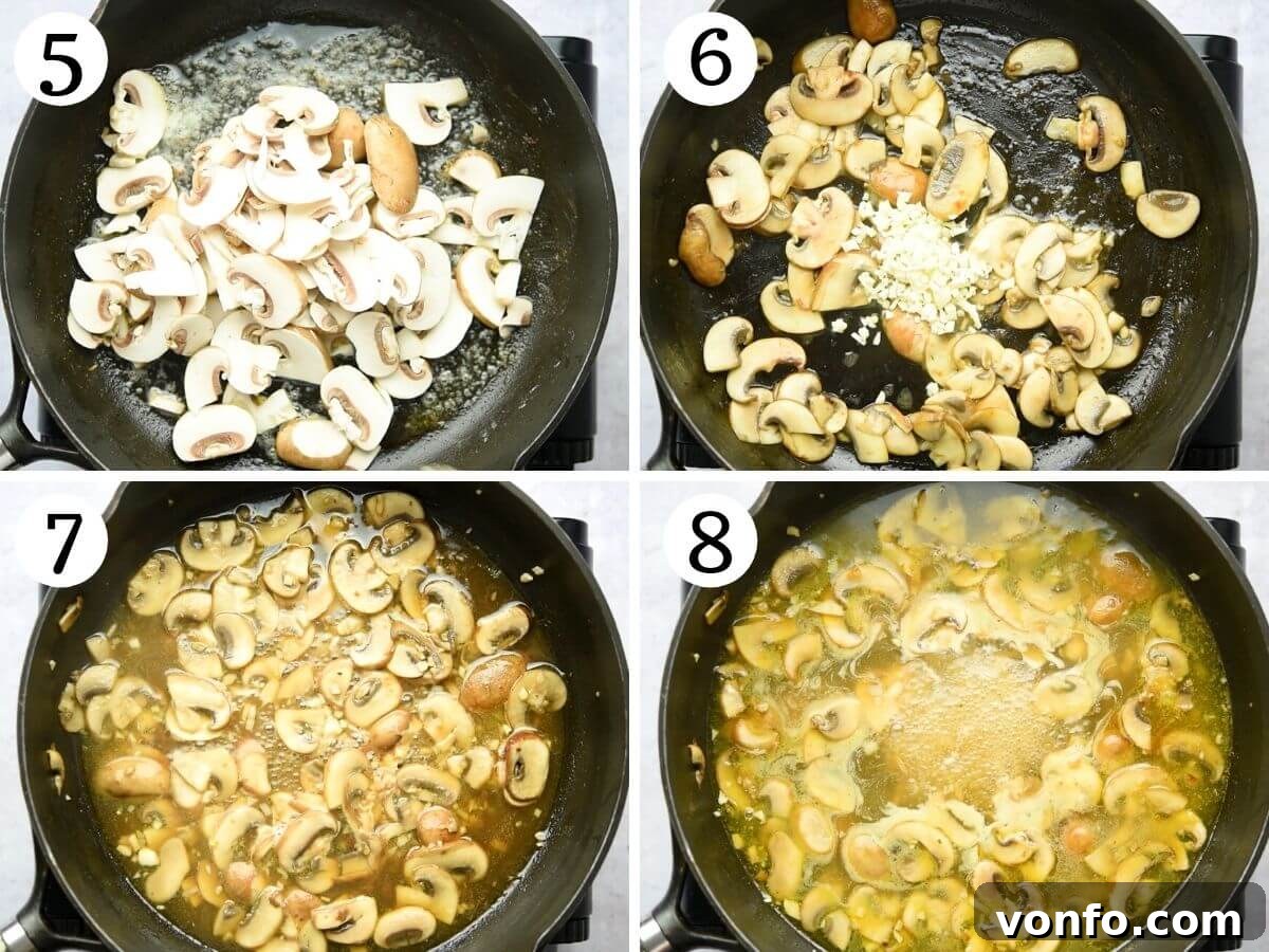 Step by step photos showing how to create the rich Marsala sauce with sautéed mushrooms and garlic.