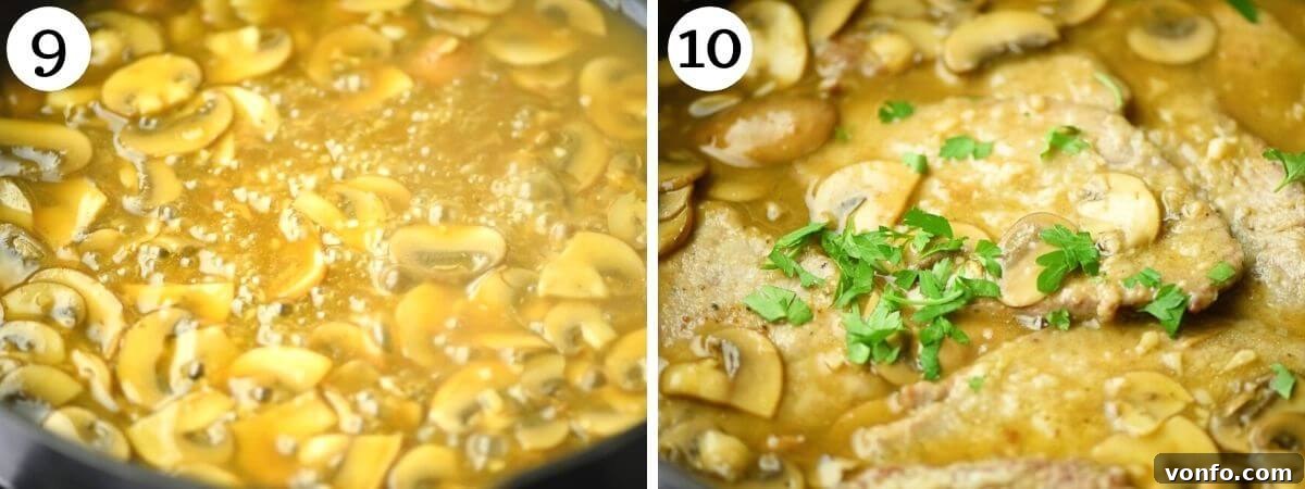 Two photos demonstrating how to properly thicken the Veal Marsala sauce to a perfect consistency.