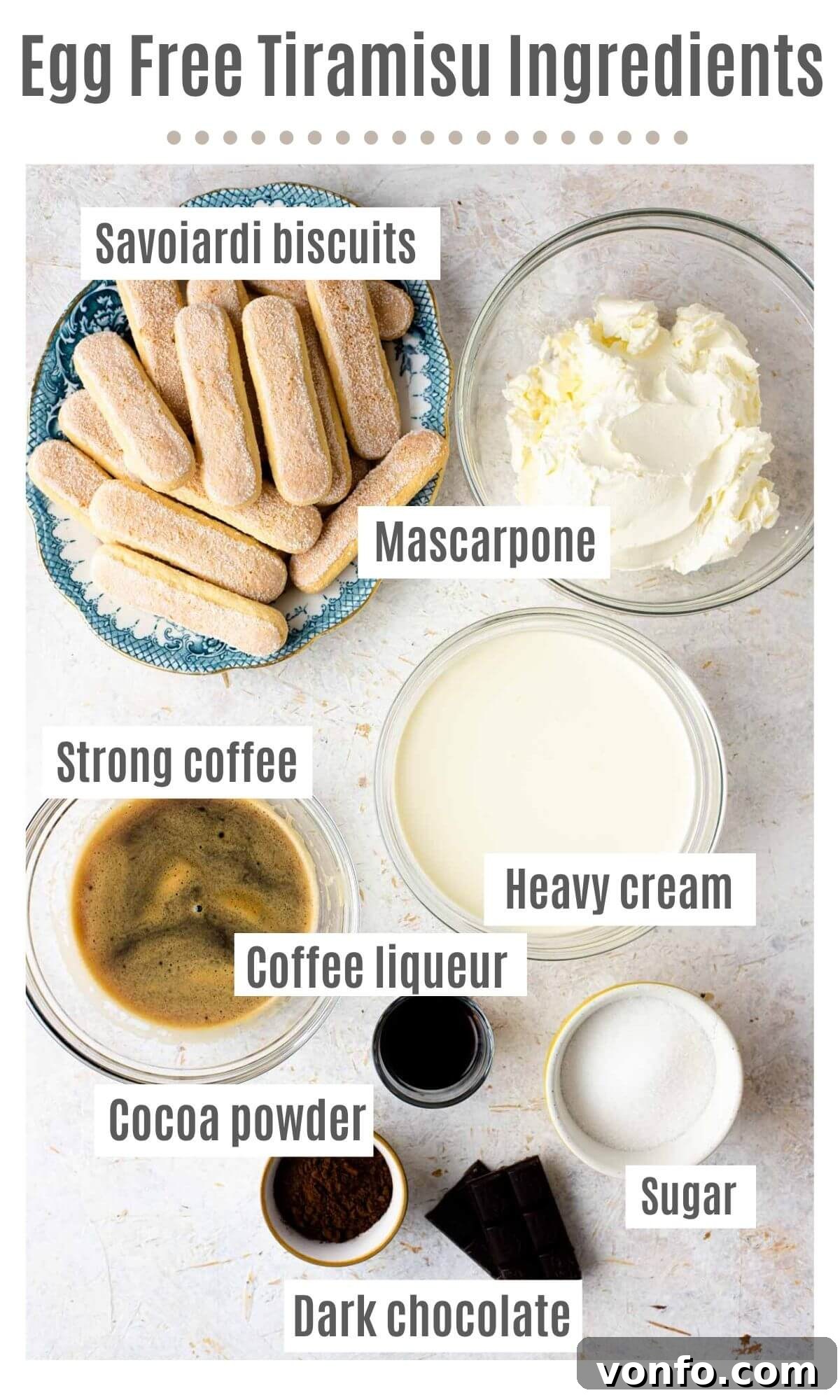 Velvet Cloud Tiramisu 3 An overhead shot of all the essential ingredients laid out for making egg-free tiramisu, including mascarpone, heavy cream, coffee, sugar, and ladyfingers