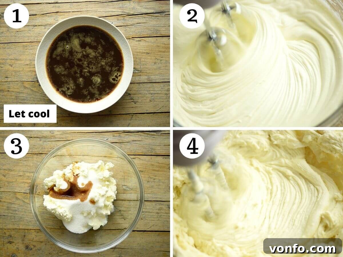 Velvet Cloud Tiramisu 4 Step by step photos showing how to prepare the creamy filling for tiramisu without eggs, focusing on whipping the cream
