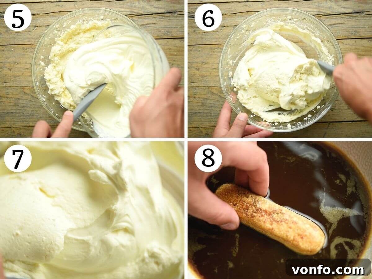 Velvet Cloud Tiramisu 5 Step by step photos showing how to gently fold the whipped cream into the mascarpone mixture for egg-free tiramisu