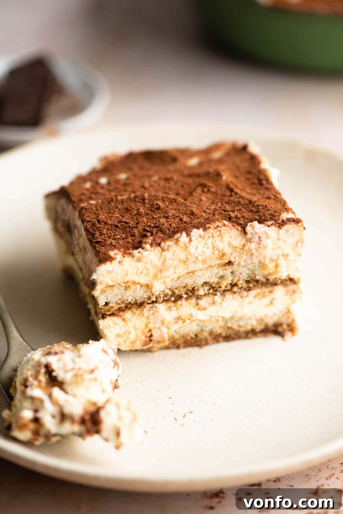 Velvet Cloud Tiramisu 7 A perfectly sliced portion of Tiramisu on a white plate, garnished with cocoa powder