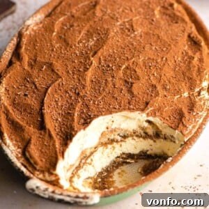 Velvet Cloud Tiramisu 8 A close up of a dish of tiramisu with a scoop missing, highlighting the creamy layers and coffee-soaked biscuits