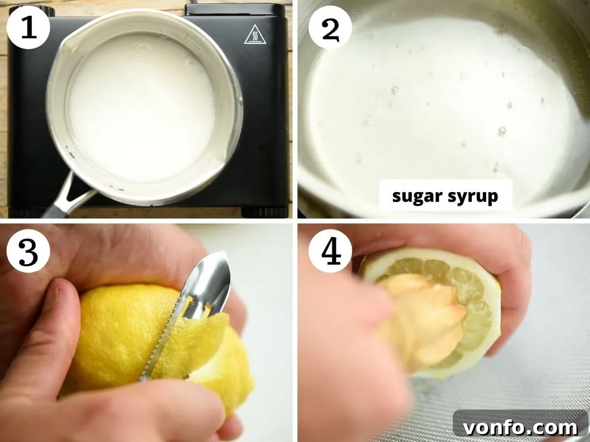Zesty Homemade Limoncello Made Easy 4 Step by step photos showing how to make sugar syrup and prepare lemons