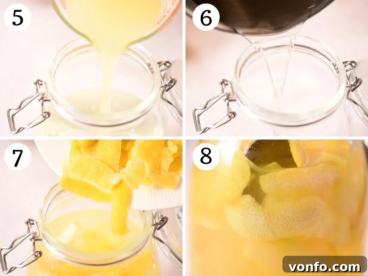 Zesty Homemade Limoncello Made Easy 5 Four photos in a collage showing how to make limoncello.