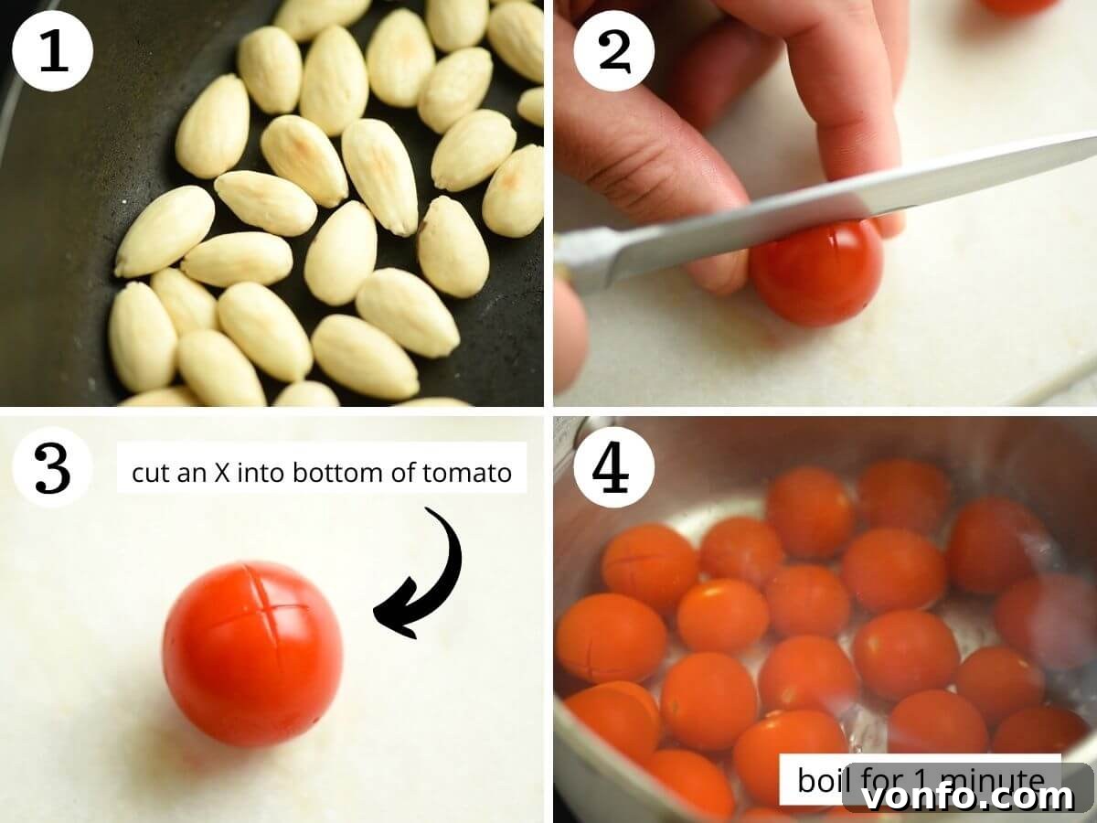 Step by step photos showing how to prepare tomatoes and almonds to make Sicilian pesto, including scoring and blanching