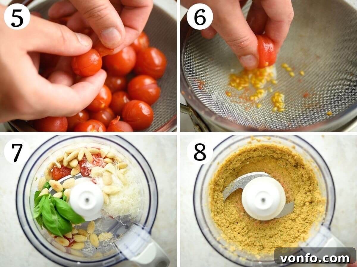 Step by step photos showing how to make pesto alla trapanese from scratch, including peeling and deseeding tomatoes