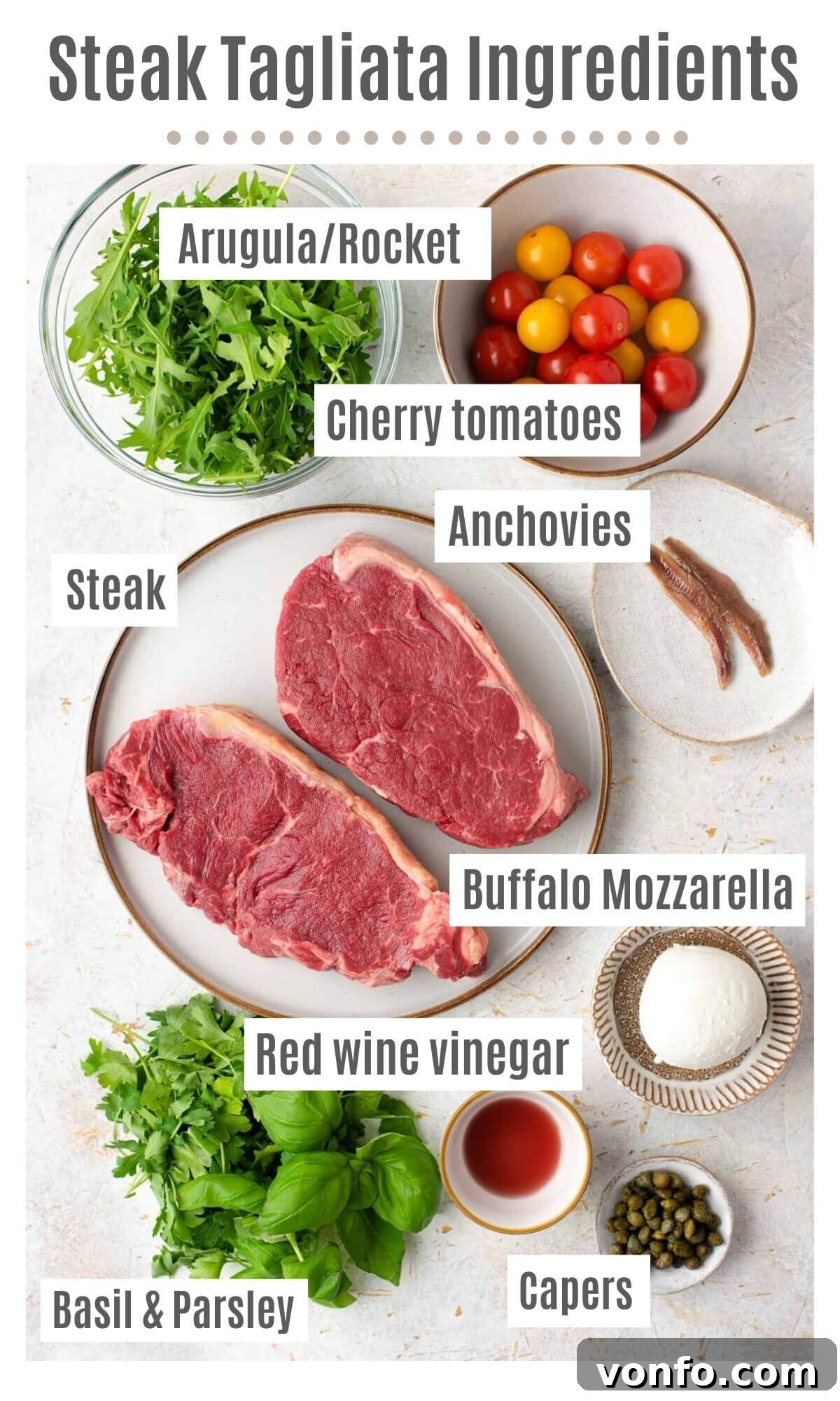 Tuscan Tagliata with Garden Caprese 3 An overhead shot showing all the fresh ingredients needed to prepare a delicious Steak Tagliata meal
