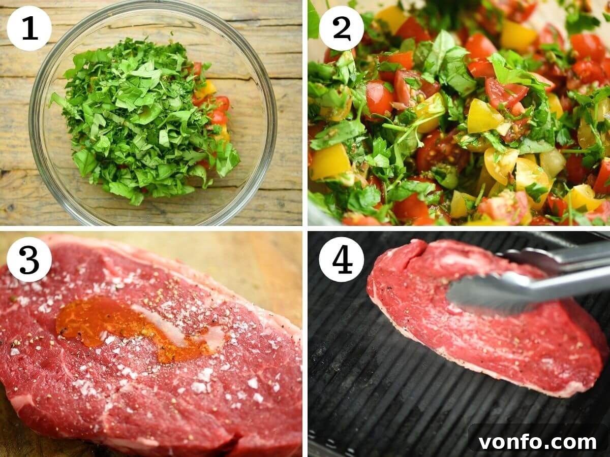 Tuscan Tagliata with Garden Caprese 4 Step-by-step photos showing how to prepare the tomato salad and season the steak before grilling