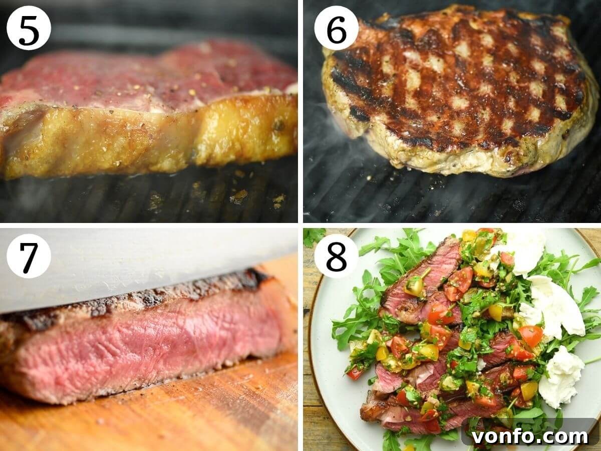 Tuscan Tagliata with Garden Caprese 5 Step-by-step photos illustrating the grilling process for the perfect steak