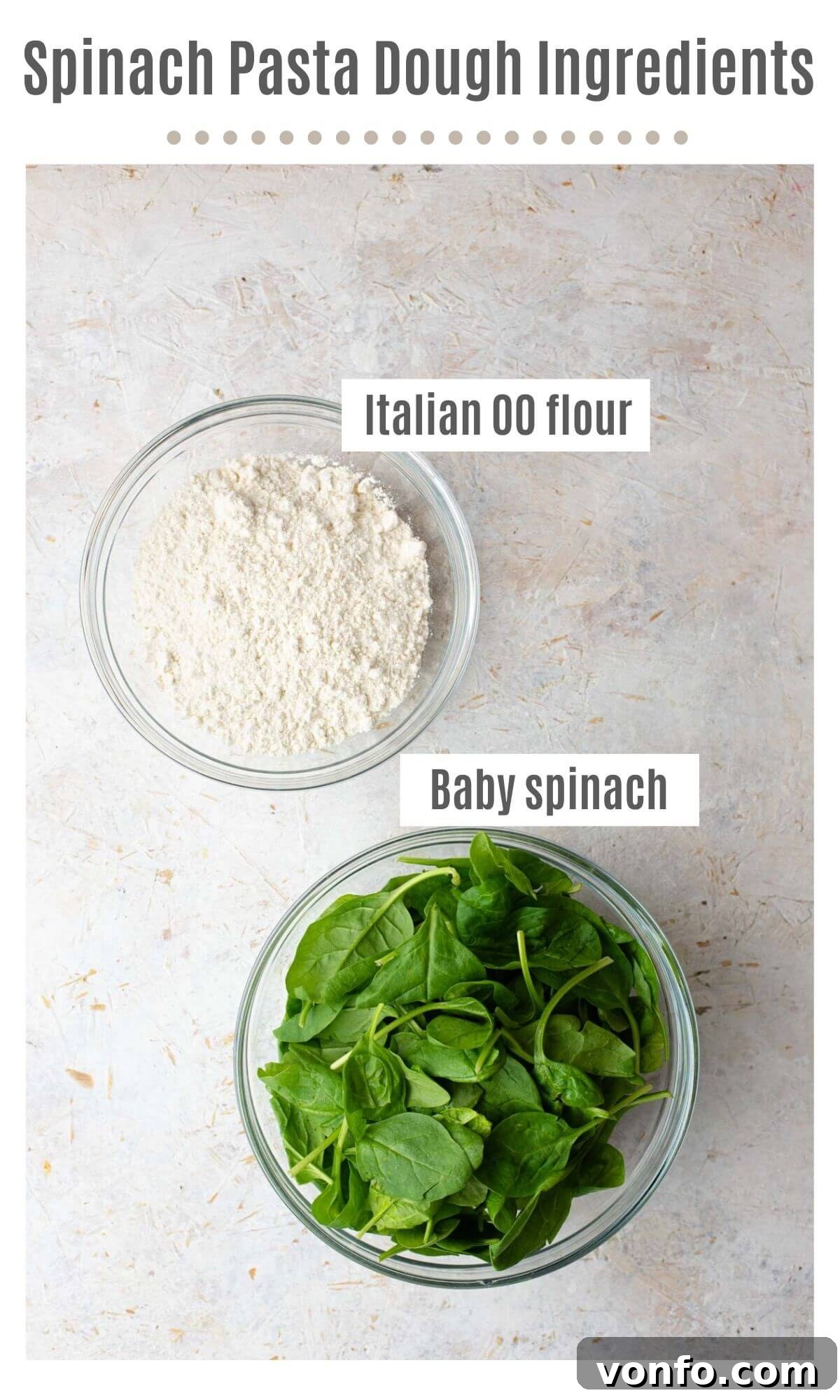Easy Two-Ingredient Spinach Pasta Dough 3 An overhead shot displaying all the necessary ingredients to make spinach pasta dough, neatly arranged on a kitchen counter.