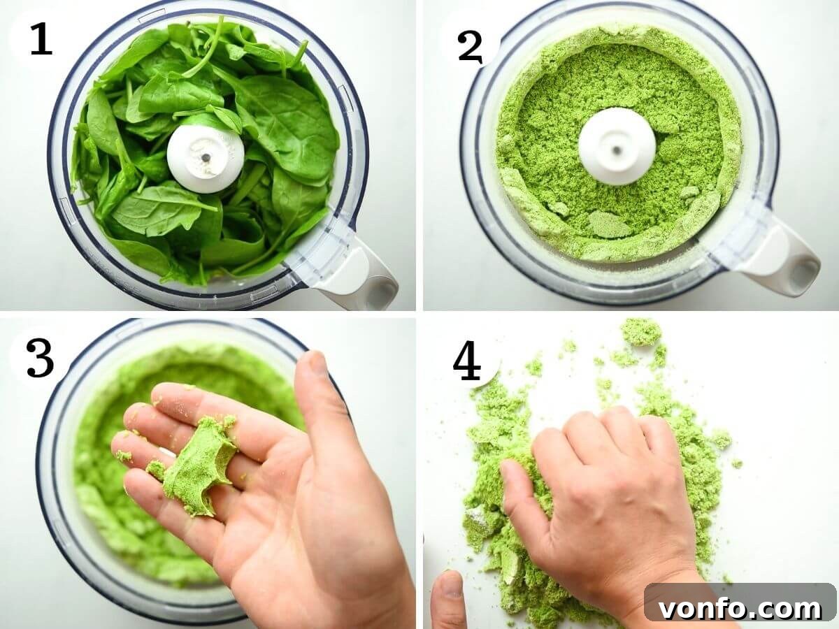 Easy Two-Ingredient Spinach Pasta Dough 4 Step-by-step photos illustrating the process of making spinach pasta dough in a food processor, showing the initial blending phases.