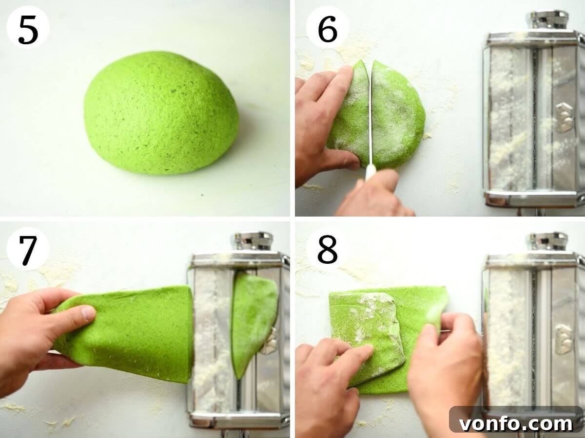 Easy Two-Ingredient Spinach Pasta Dough 5 Step-by-step photos showing the kneading process of spinach pasta dough and its readiness for rolling after resting.