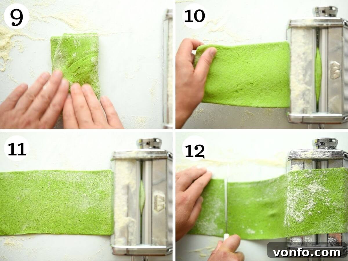 Easy Two-Ingredient Spinach Pasta Dough 6 Step-by-step photos demonstrating how to roll spinach pasta dough using a pasta machine, showing the progression of thinning.
