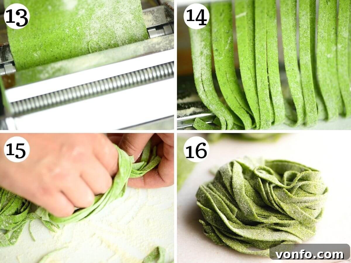 Easy Two-Ingredient Spinach Pasta Dough 7 Step-by-step photos detailing the process of shaping spinach pasta into tagliatelle using a pasta machine attachment.