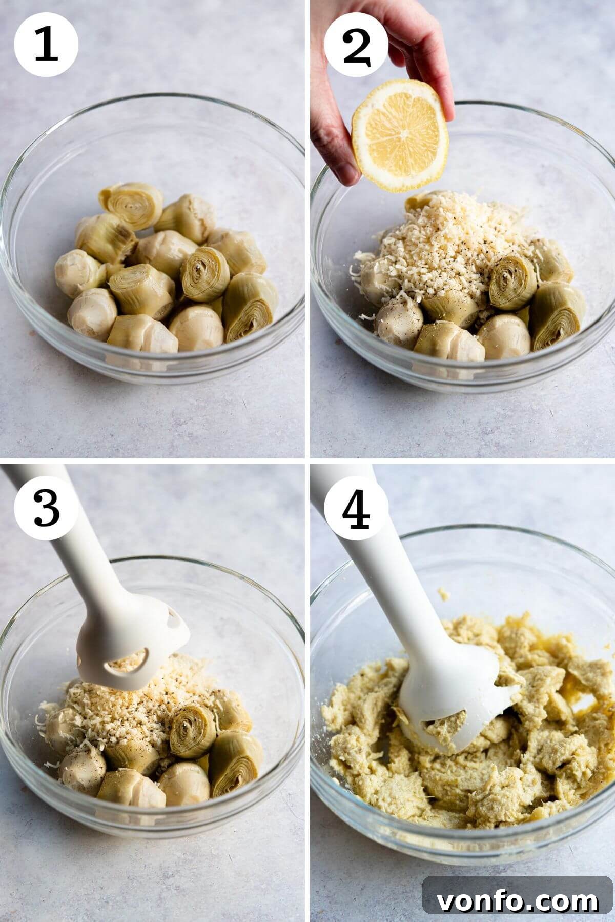Four photos in a collage showing how to make artichoke pesto. From left to right: ingredients in a bowl, immersion blender in action, smooth pesto, and final presentation.