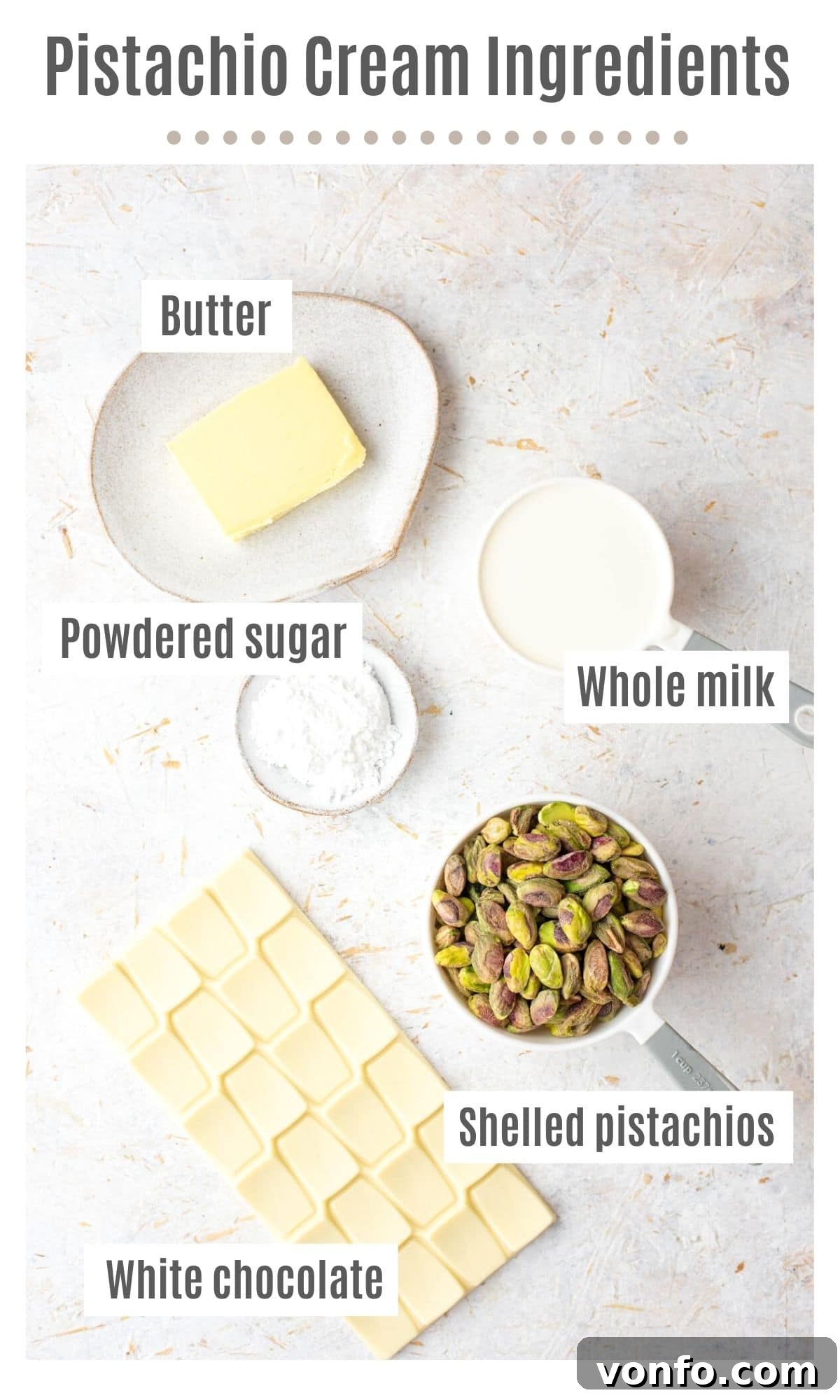 An overhead view displaying all the high-quality ingredients required to make authentic Italian Pistachio Cream, including raw unsalted pistachios, whole milk, unsalted butter, premium white chocolate, and powdered sugar.